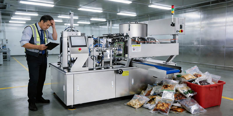 Frustrated plant manager standing next to an idle packaging machine with rejected pouches piled nearby