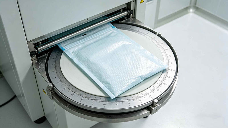 Medical device Tyvek pouches on a rotary sealing carousel with a cleanroom-compatible design