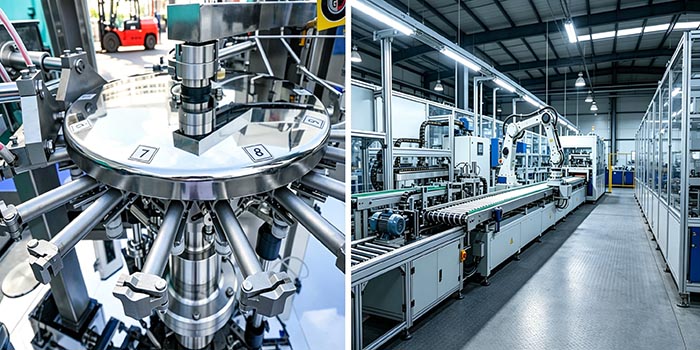 Factory floor showing two different layouts of packaging equipment: a carousel-like rotary system and a linear horizontal system