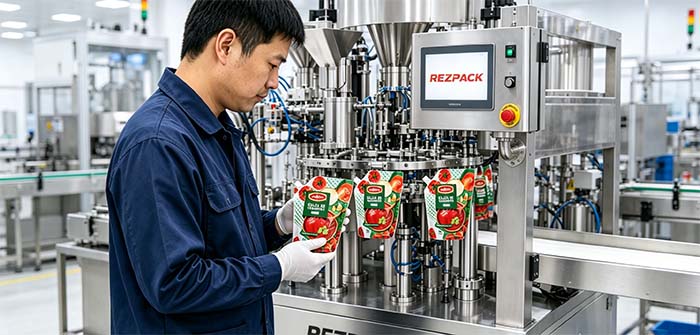 Operator inspecting pouch seals on a rotary machine, clean industrial background