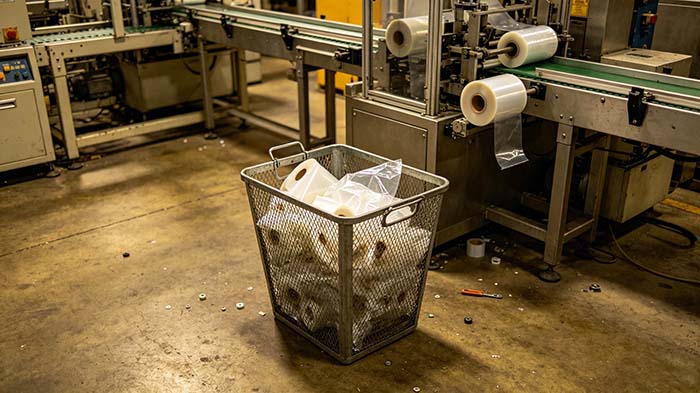 Production floor with discarded film rolls in a recycling bin