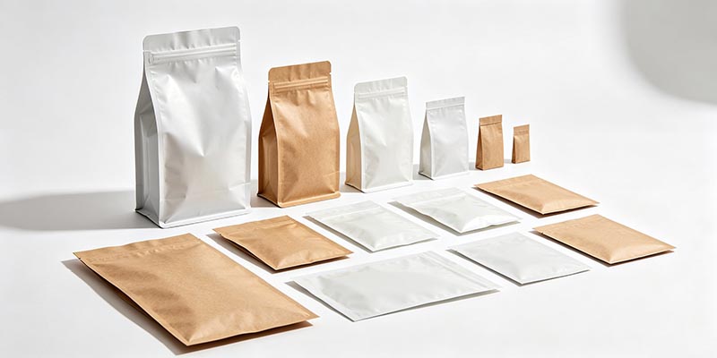 A variety of stand-up pouches and flat pouches on a white background